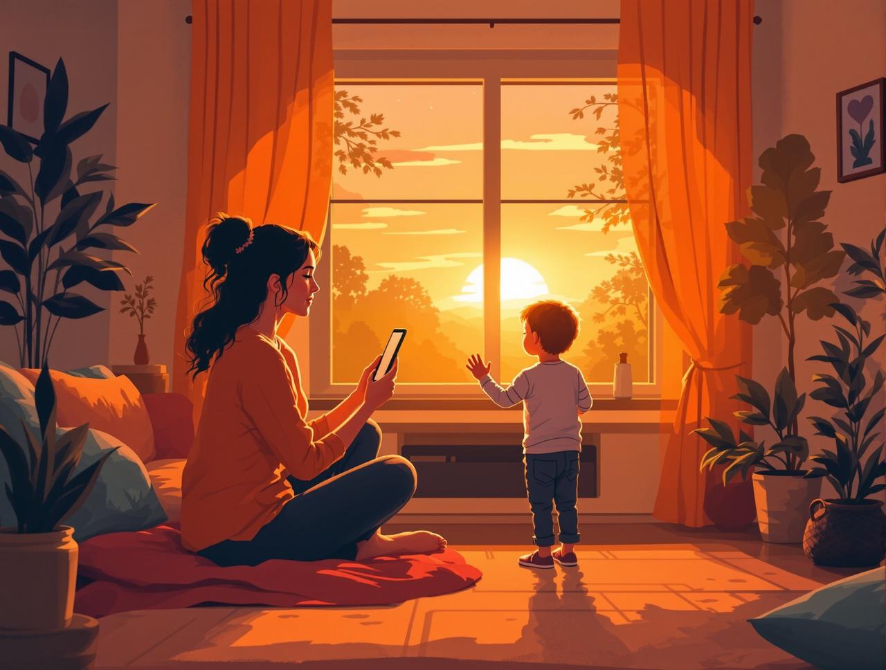 星芽短剧品牌故事 - 创始人李晨曦与孩子一起观看动画片的温暖时刻